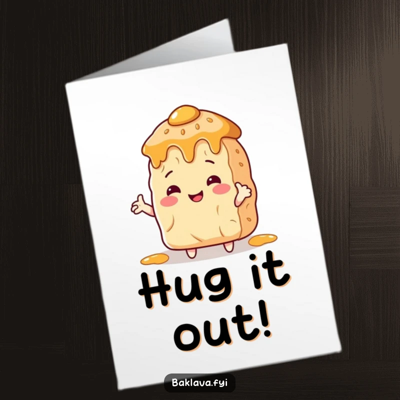 Funny Free Printable Congratulations Card: Baklava with arms embraces a giant honey pot, symbolizing a sweet, successful achievement.