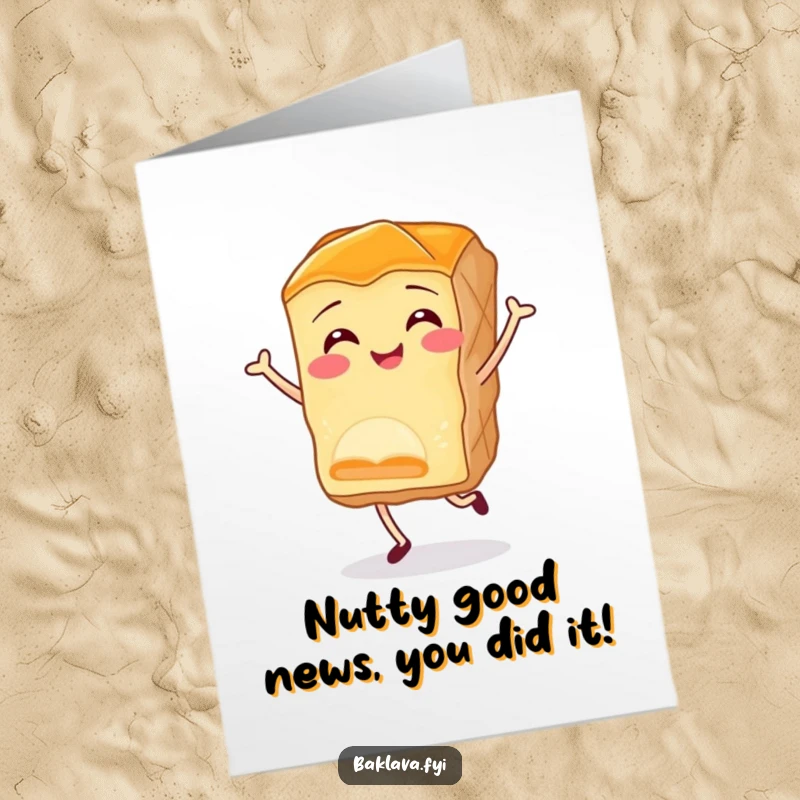 Funny Free Printable Baklava Congratulations Card: A happy baklava piece performing a joyful jig to celebrate.