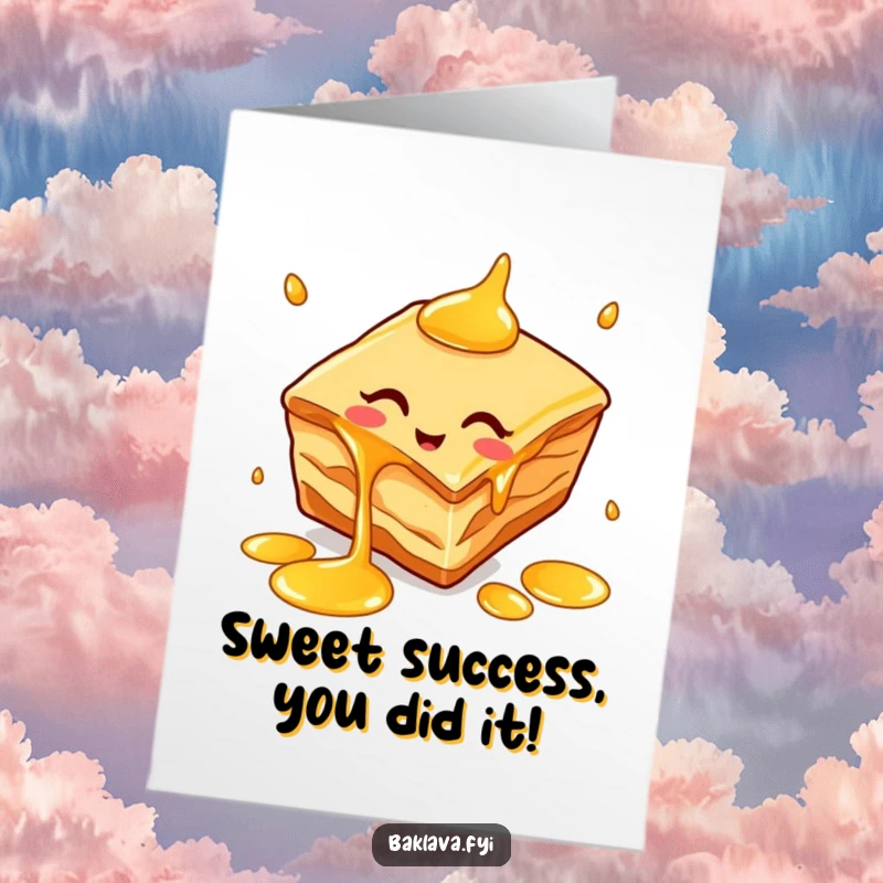Funny free printable congratulations card of a happy baklava slice juggling golden honey drips, perfect for celebrating wins.