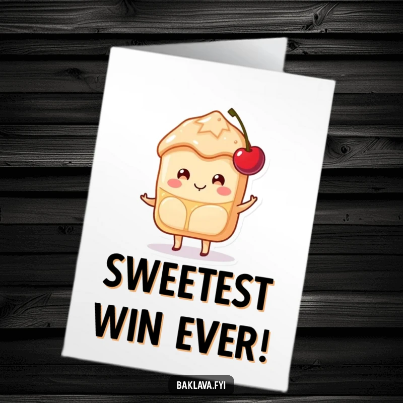 Funny Free Printable Baklava congratulations card of a happy slice smiling and balancing a cherry, celebrating achievements with sweetness.