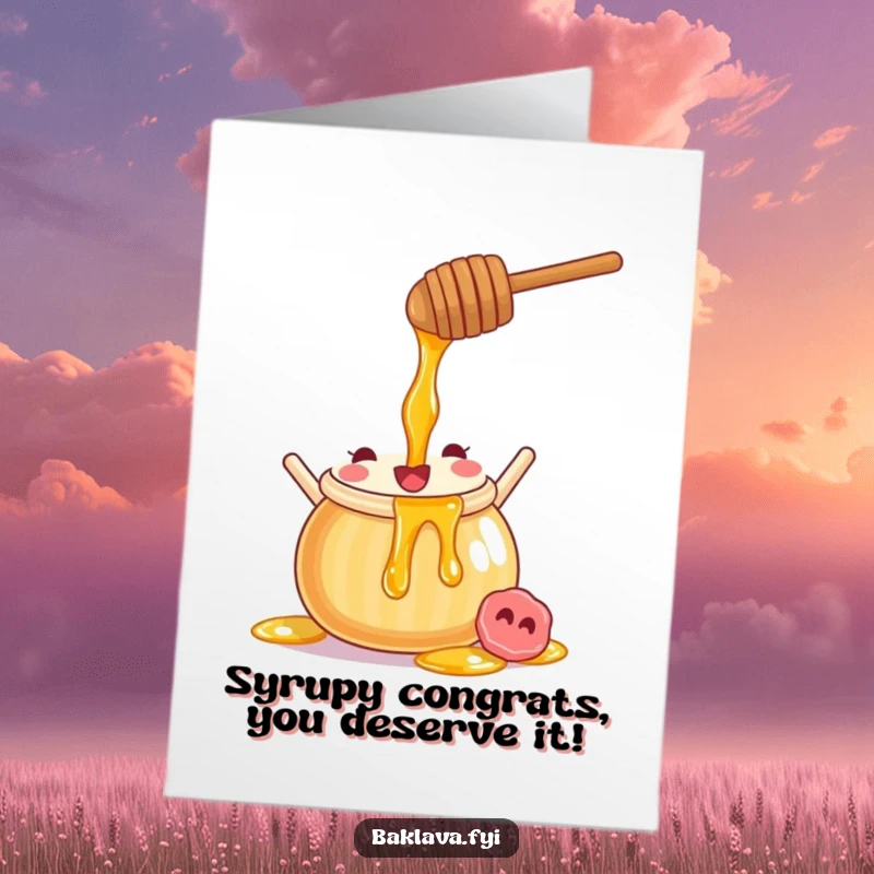 Funny free printable congratulations card of a joyful honey pot pouring golden syrup, perfect for celebrating sweet victories.