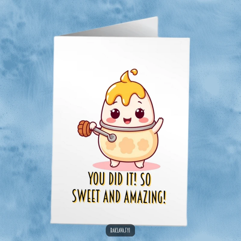 Funny Free Printable Congrats Card: Kawaii honey pot character enthusiastically stirring, celebrating sweet success with a tiny ladle.
