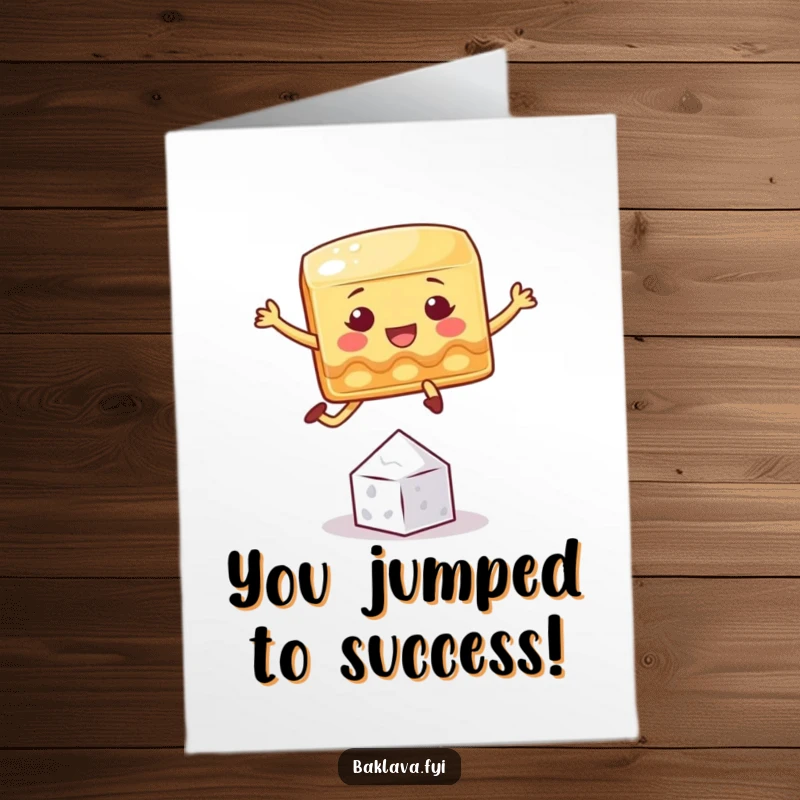 Free Printable Congrats Card: A playful baklava square jumps over a tiny sugar crystal in celebration.