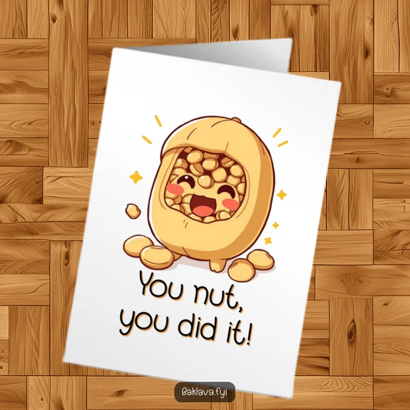 Funny free printable congratulations card of a playful nut filling bursting with excitement, perfect for celebrating big wins.