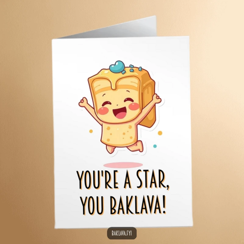 Funny Free Printable Congratulations Card depicting a baklava piece leaping with joy, perfect for celebrating big wins.