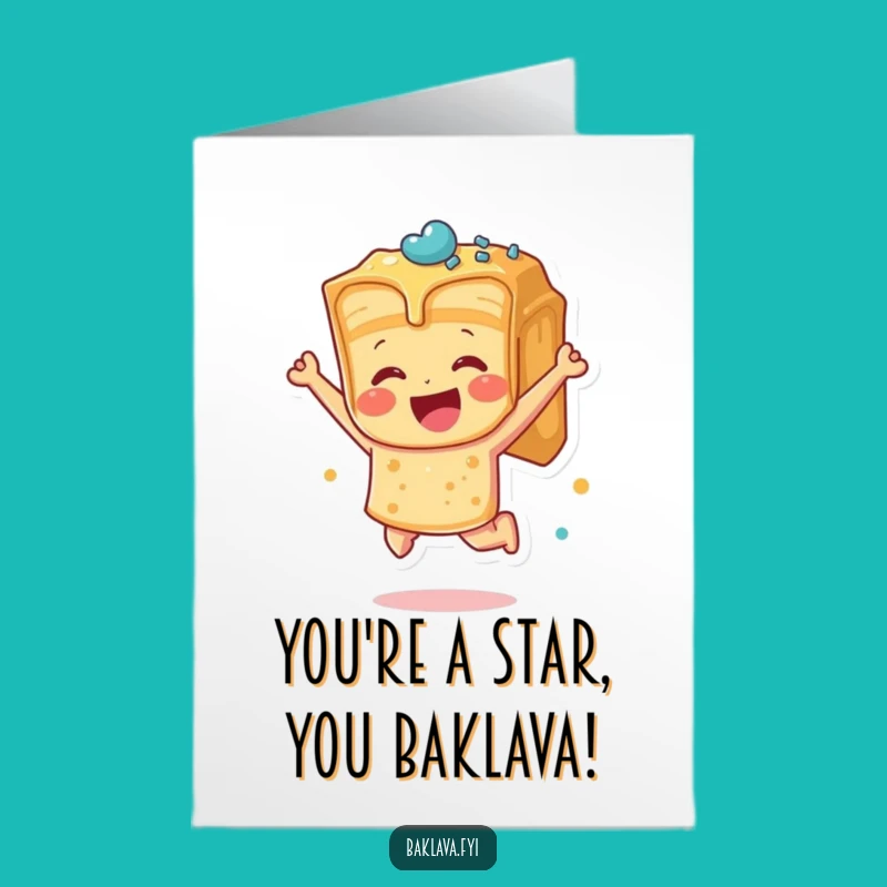 Free Printable Baklava Card: Funny Leaping Dessert Congrats Downloadable Gift