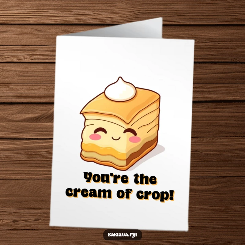 Funny Free Printable Congratulations Card, a smiling baklava slice winking with cream, sharing sweet celebratory joy.