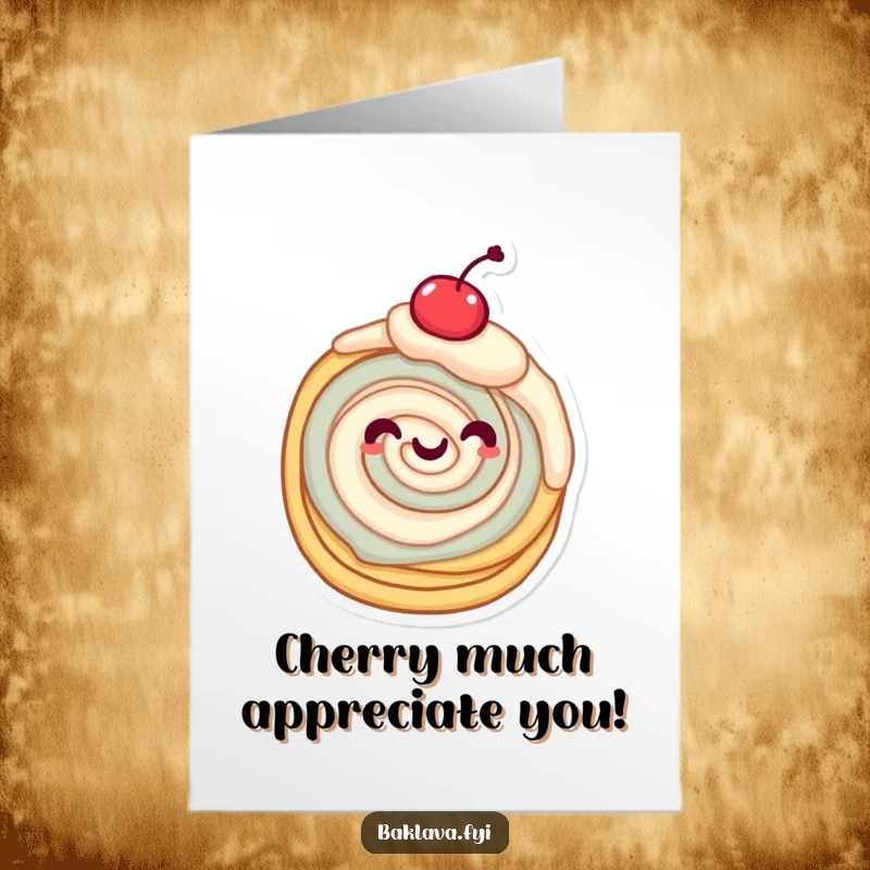 Funny Free Printable Thank You Card: A pastry twirling happily with a cherry on top, sweet thanks.