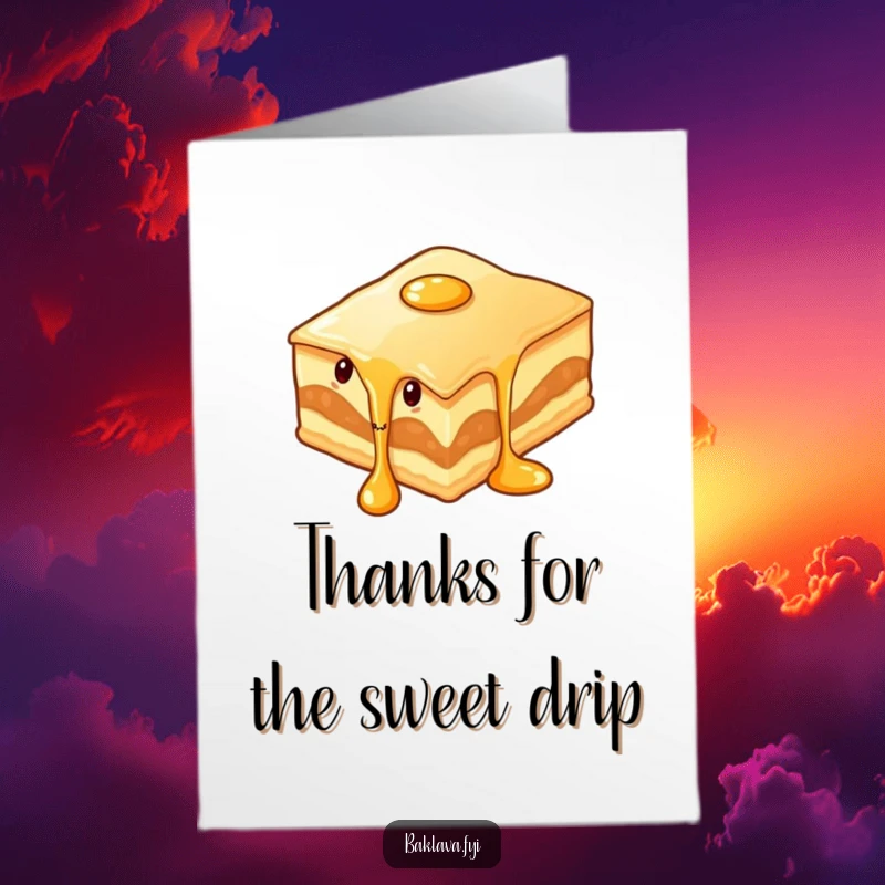Funny Free Printable Thank You Card with a wiggling baklava slice dripping syrup, conveying thanks with delicious humor.