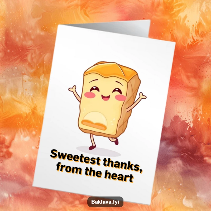 Funny Free Printable Baklava Thank You Card: A smiling baklava piece doing a happy, energetic jig.