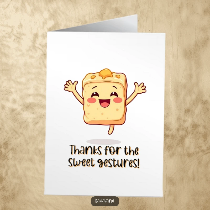 Funny free printable thank you card with a smiling baklava piece leaping, expressing thanks with a joyful, sweet twist.