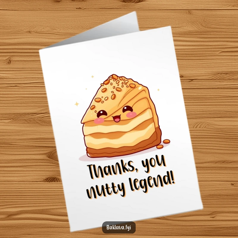 Funny Free Printable Thank You Card: A baklava slice winks with nuts, sending a sly thank you.
