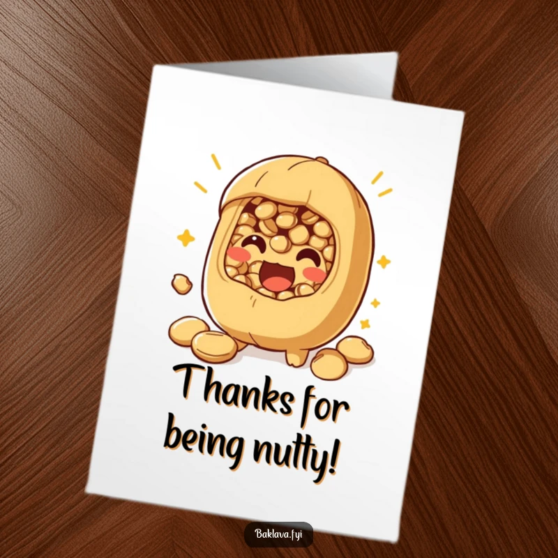 Funny free printable thank you card featuring a playful nut filling bursting with excitement, expressing thanks with vibrant energy.