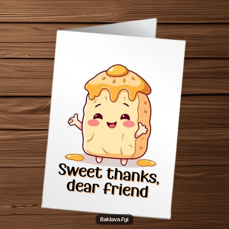 Funny Free Printable Thank You Card: Baklava offers a sweet hug to a honey pot, humorously conveying thanks.