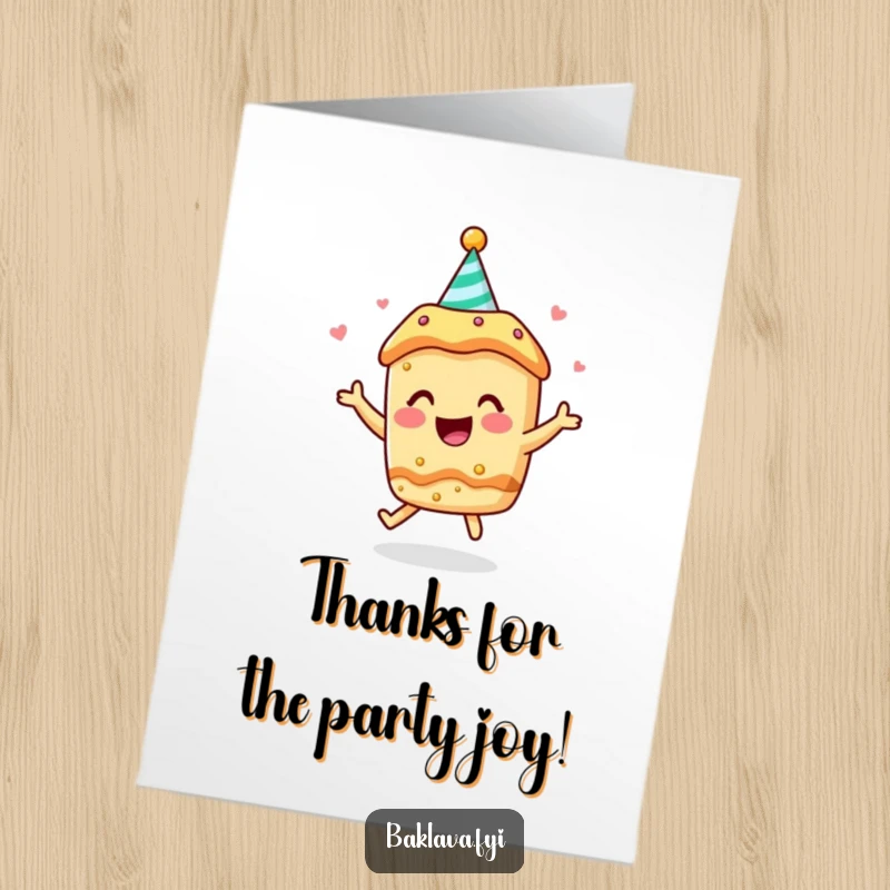 Funny Free Printable Thank You Card: A baklava character in a party hat bounces with enthusiastic joy.