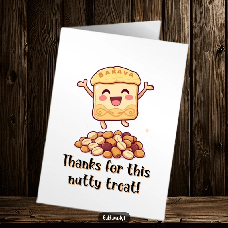 Funny Free Printable Thank You Card: A baklava character energetically leaping over a pile of nuts.