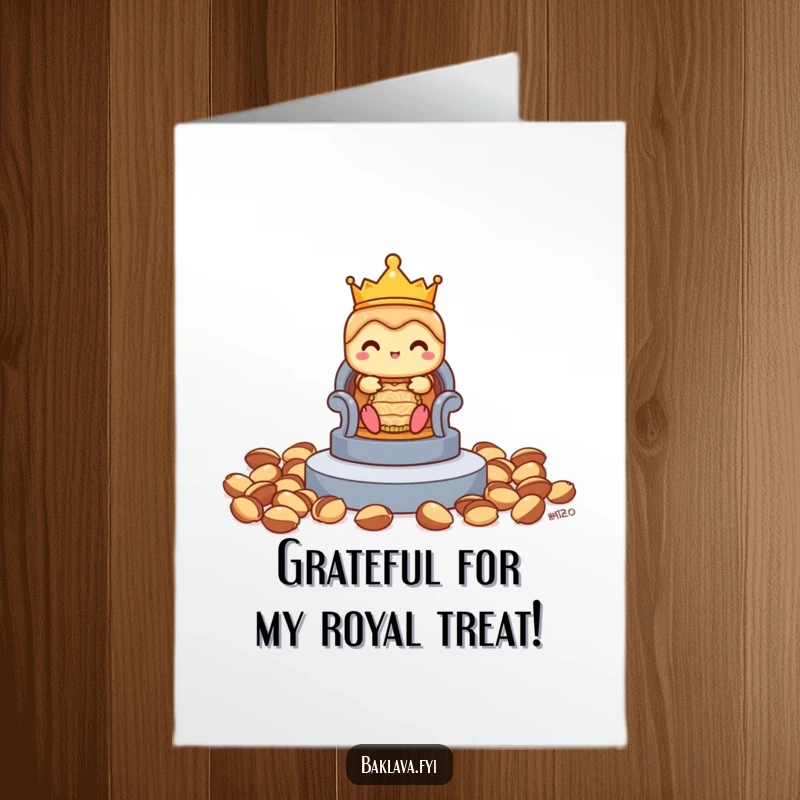 Funny Free Printable Thank You Card depicting a shy baklava in a tiny crown, offering thanks from his pistachio throne, with grace.