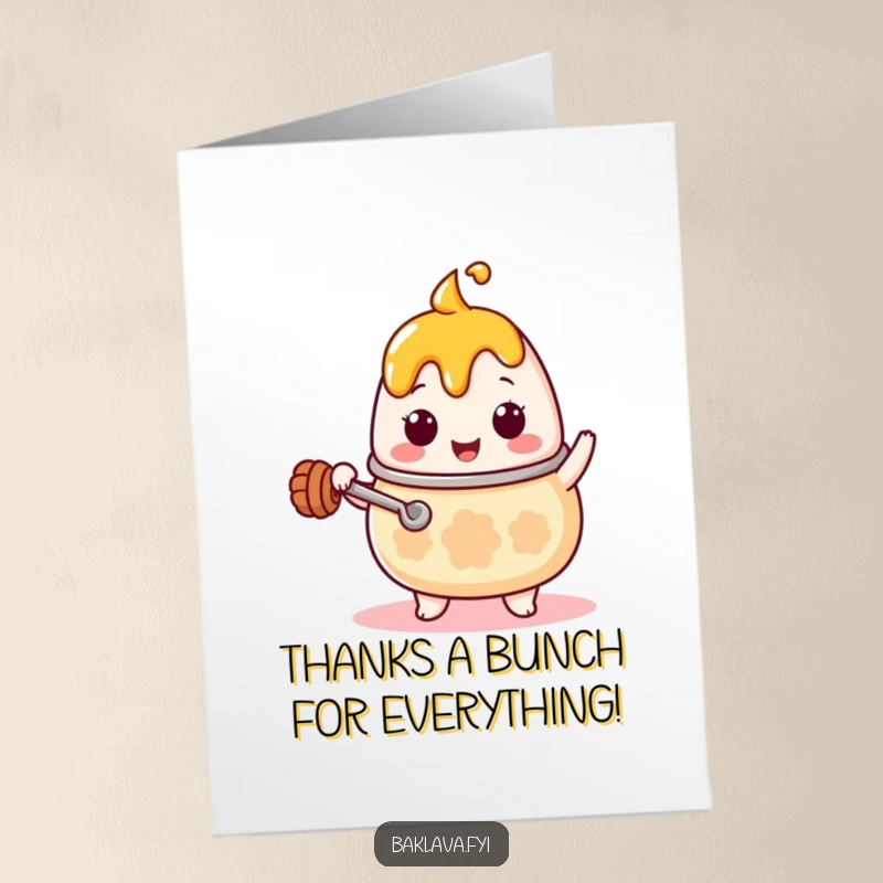 Funny Free Printable Thank You Card: Kawaii honey pot character stirring, offering a sweet, humorous thank you with a tiny ladle.