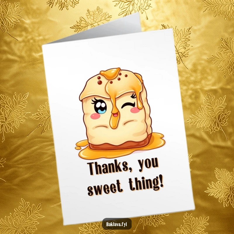 Funny Free Printable Winking Baklava Thank You Card: Smiling pastry winking while generously offering a syrup drizzle.