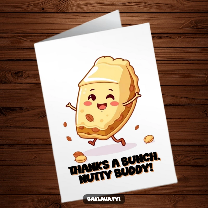 Funny Free Printable Thank You Card: A happy baklava slice performs a cartwheel of gratitude.