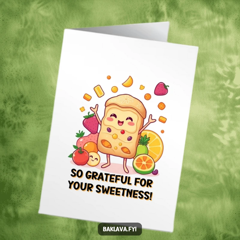 Funny Free Printable Thank You Card with a cheerful baklava juggling fruits, expressing heartfelt gratitude in a memorable way.