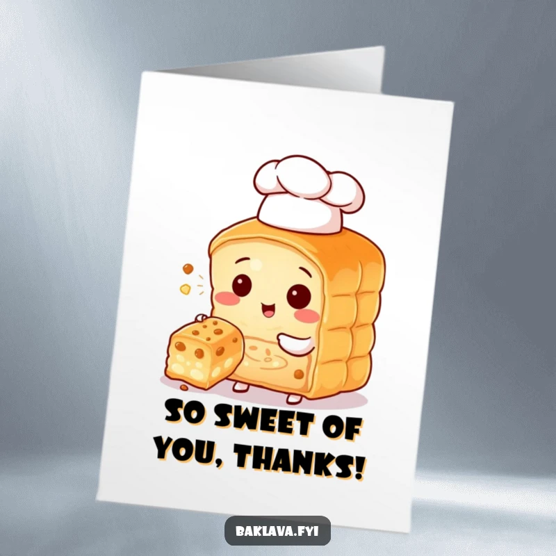 Funny Free Printable Thank You Card: Baklava character in a chef hat offers a bite of thanks.