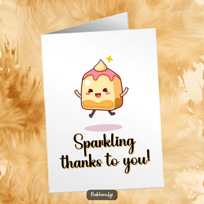 Funny Free Printable Baklava thank you card with a whimsical slice sparkling and jumping, a sweet way to say thanks.