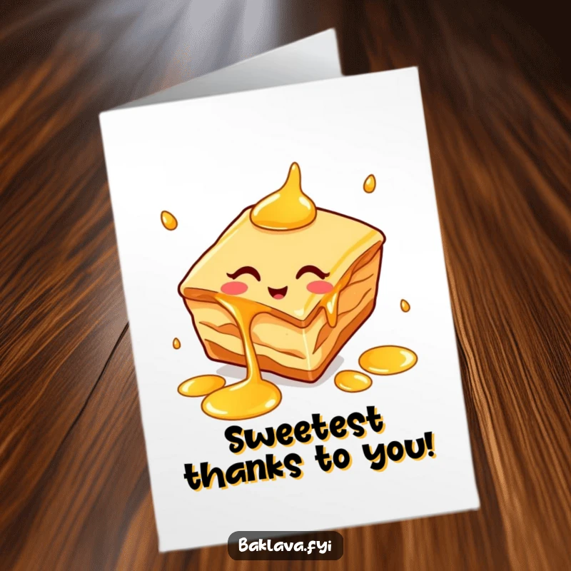 Funny free printable thank you card featuring a baklava slice juggling honey drips, expressing sweet gratitude with humor.