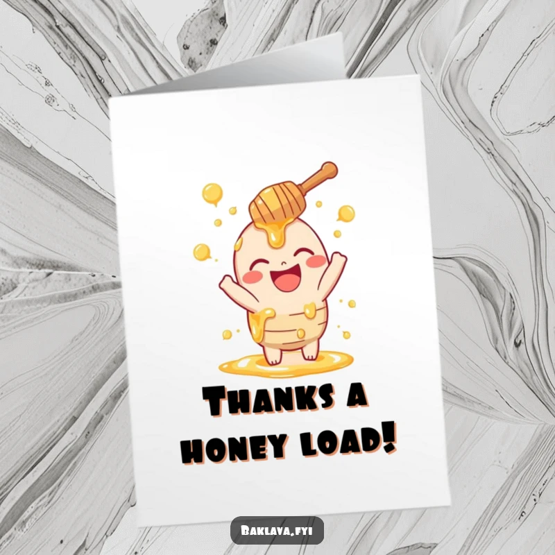 Funny Free Printable Honey Dipper Thank You Card: A laughing honey dipper playfully sprinkling thank you swirls.