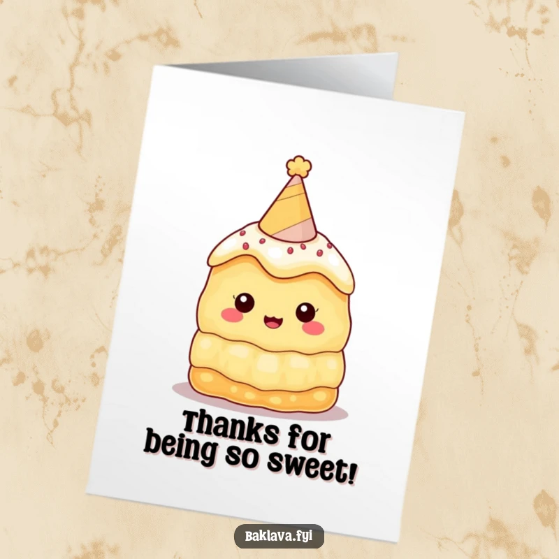 Funny Free Printable Thank You Card with a baklava wearing a party hat, perfect for a sweet and humorous expression of gratitude.