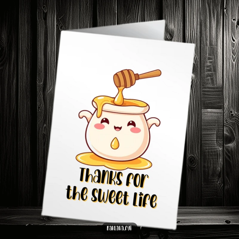 Funny Free Printable Honey Pot Card: A smiling honey pot splashing a small droplet, perfect for thank you notes.