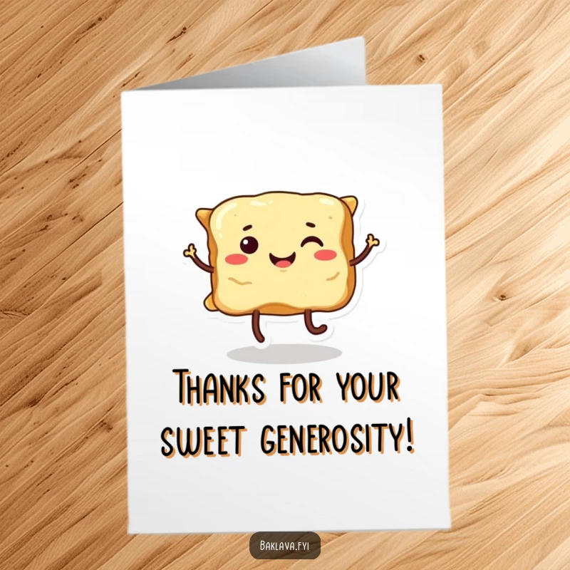 Funny Free Printable Thank You Card: A smiling piece of baklava with legs doing a playful dance to express thanks.