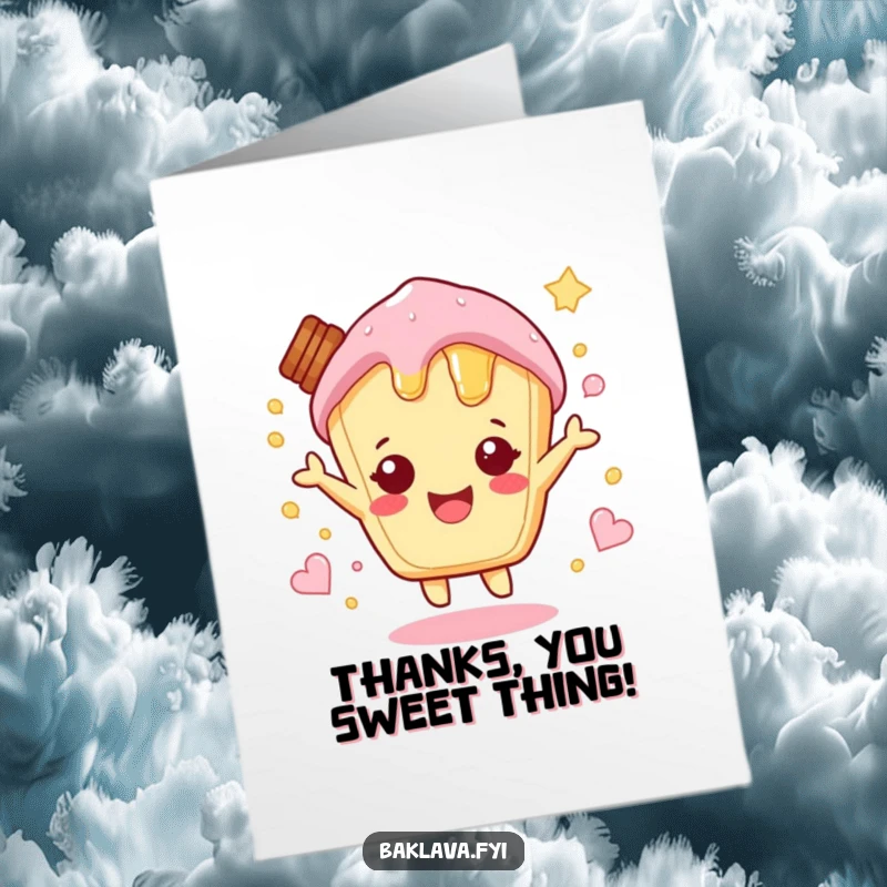 Funny Free Printable Thank You Card: A sweet honey pastry hopping with joy, sending thanks.