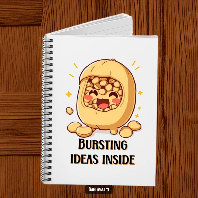 Funny nut filling notebook with a playful character bursting with excitement, perfect for note-taking with a flavor theme.