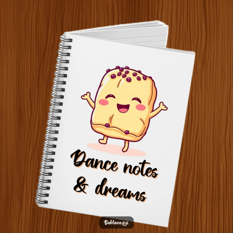 Funny baklava pastry notebook featuring a smiling dessert in mid-dance, perfect for jotting down notes with humor.