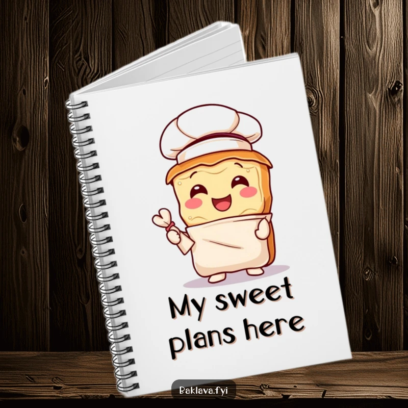 Funny baklava chef notebook with a joyful pastry wearing a chef hat and holding a pastry bag, ready for creative ideas.