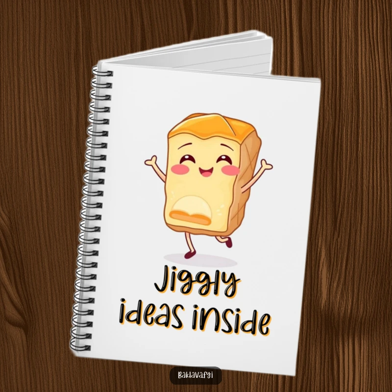 Funny baklava notebook with a smiling piece of pastry doing a joyful little jig, perfect for jotting down notes with a touch of humor.