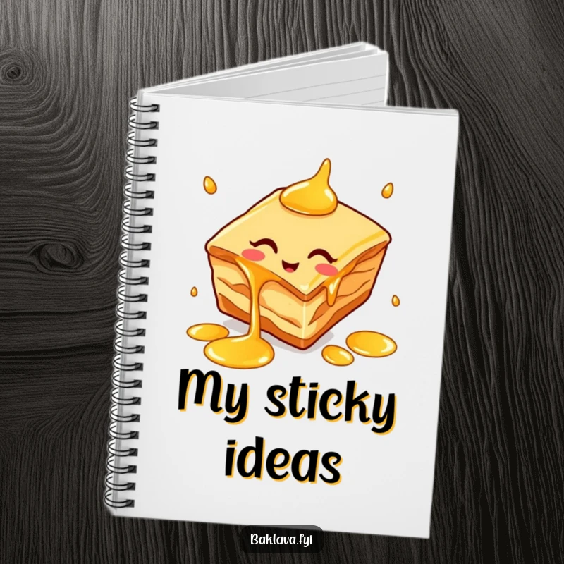 Funny baklava slice notebook with a cheerful dessert juggling honey drips, ideal for note-taking with a sweet twist.