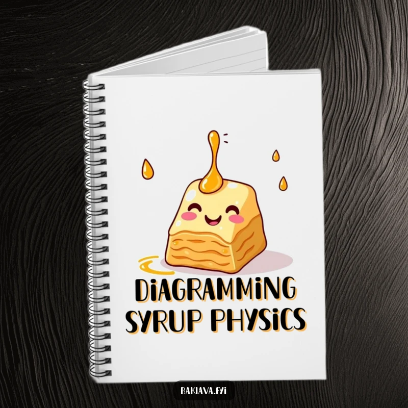 Funny baklava notebook with a slice juggling syrup, ideal for writing, journaling, or sketching, bringing a touch of sweetness and humor to everyday tasks.