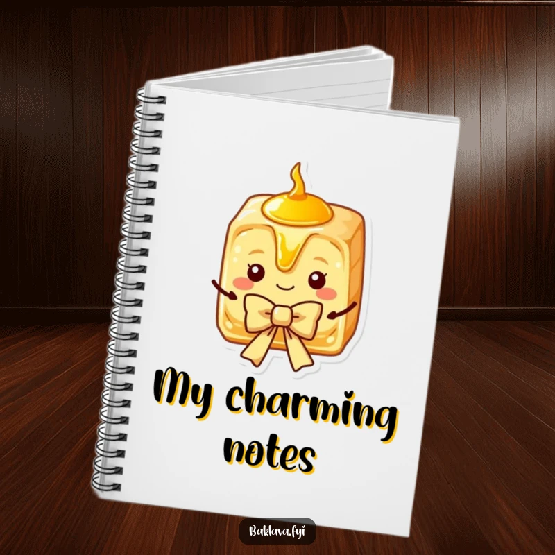 Funny Baklava Notebook featuring a charming slice with syrup, presenting a bow, a sweet companion for notes.