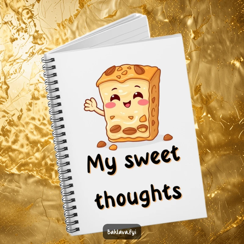 Funny Baklava Notebook featuring a cheerful slice of nuts waving hello, a sweet and humorous companion for notes.