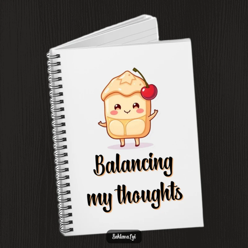 Funny Baklava Notebook featuring a happy slice character smiling while balancing a cherry, a sweet companion for notes.