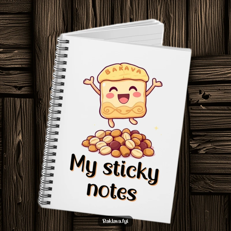 Funny baklava notebook with a happy baklava character joyfully leaping over a small pile of nuts, ideal for capturing notes with a humorous flair.