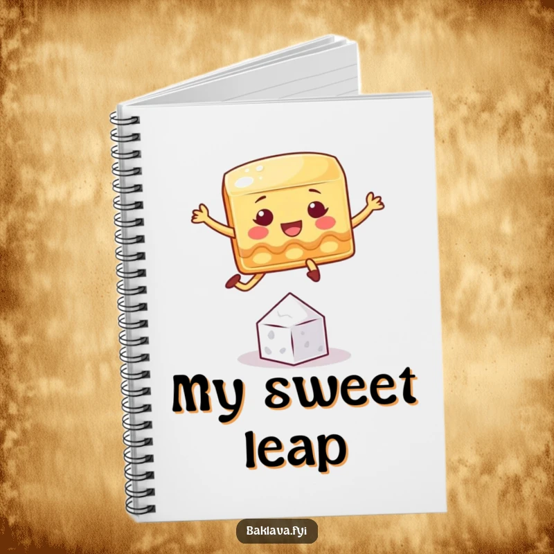 Funny baklava notebook featuring a playful square character jumping over a sugar crystal, for jotting sweet, humorous notes.