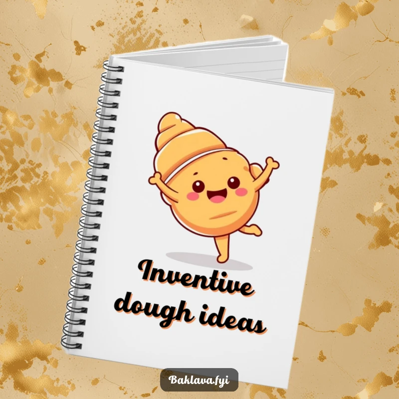 Funny croissant notebook with a happy croissant doing a cartwheel, perfect for notes and recipes.