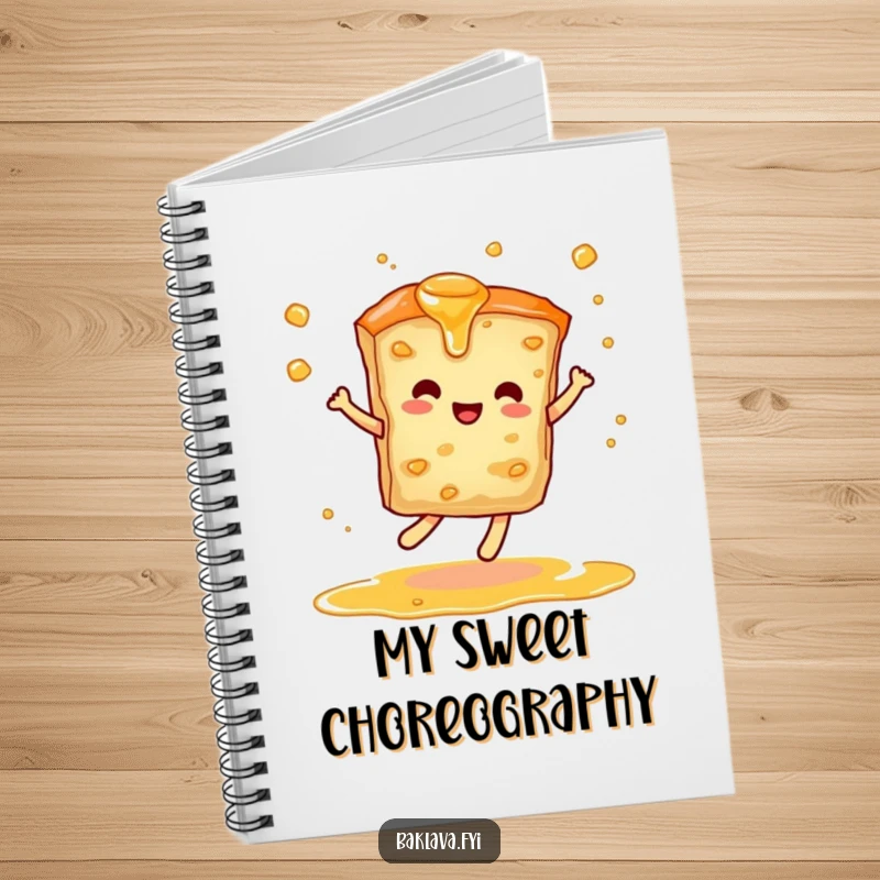 Funny notebook cover with a baklava slice dancing gracefully, syrup swirling, inspiring creativity and a love for sweets.