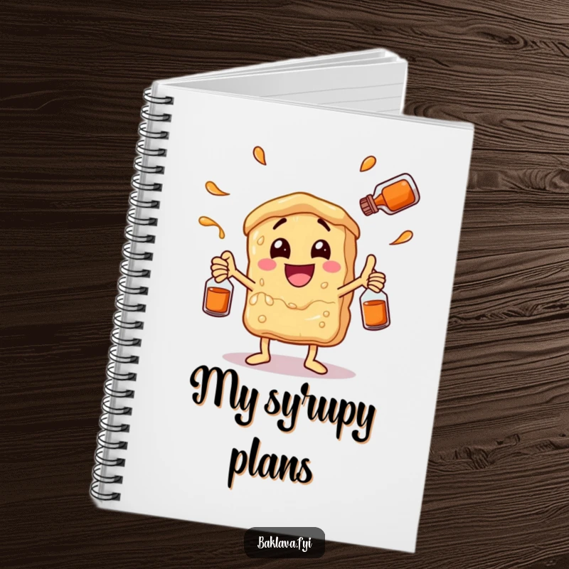 Funny baklava character juggling syrup bottles on a notebook cover. A humorous and practical journal for dessert lovers.