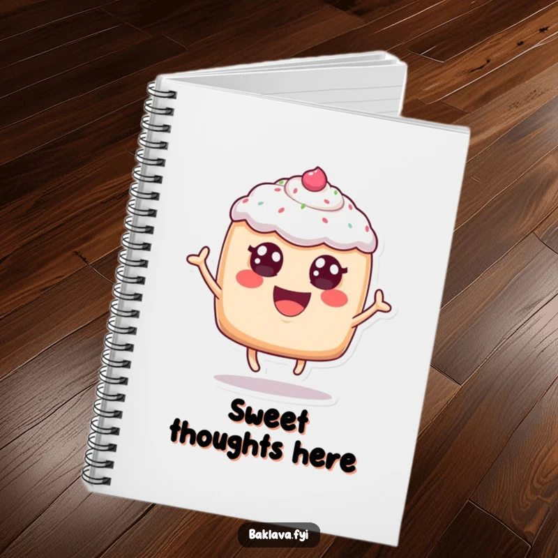 Funny, cheerful anthropomorphic pastry with frosting eyes leaping joyfully, on a notebook, designed for jotting down ideas with baked good humor.