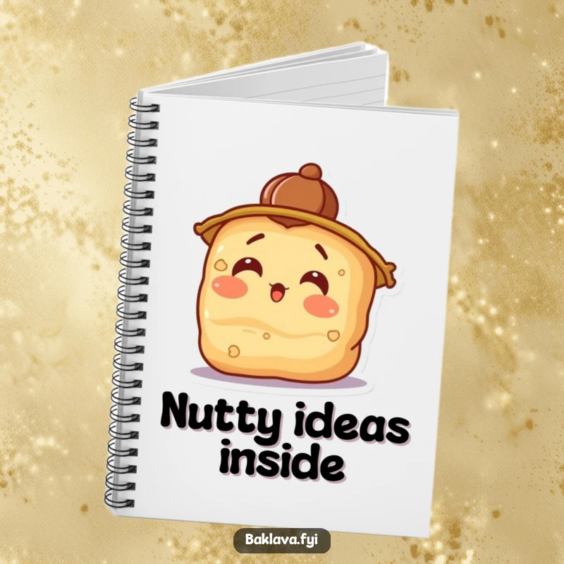 Funny surprised baklava wearing a walnut hat, tilting its head, a notebook for jotting down witty thoughts.