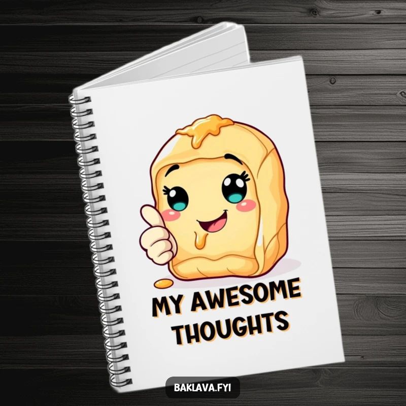 Funny cheerful baklava notebook giving a thumbs up with a syrupy smile, perfect for jotting down positive ideas.